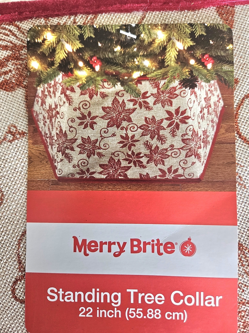 Merry Brite Standing Christmas Tree Collar 22" Red Glitter Poinsettia Burlap New